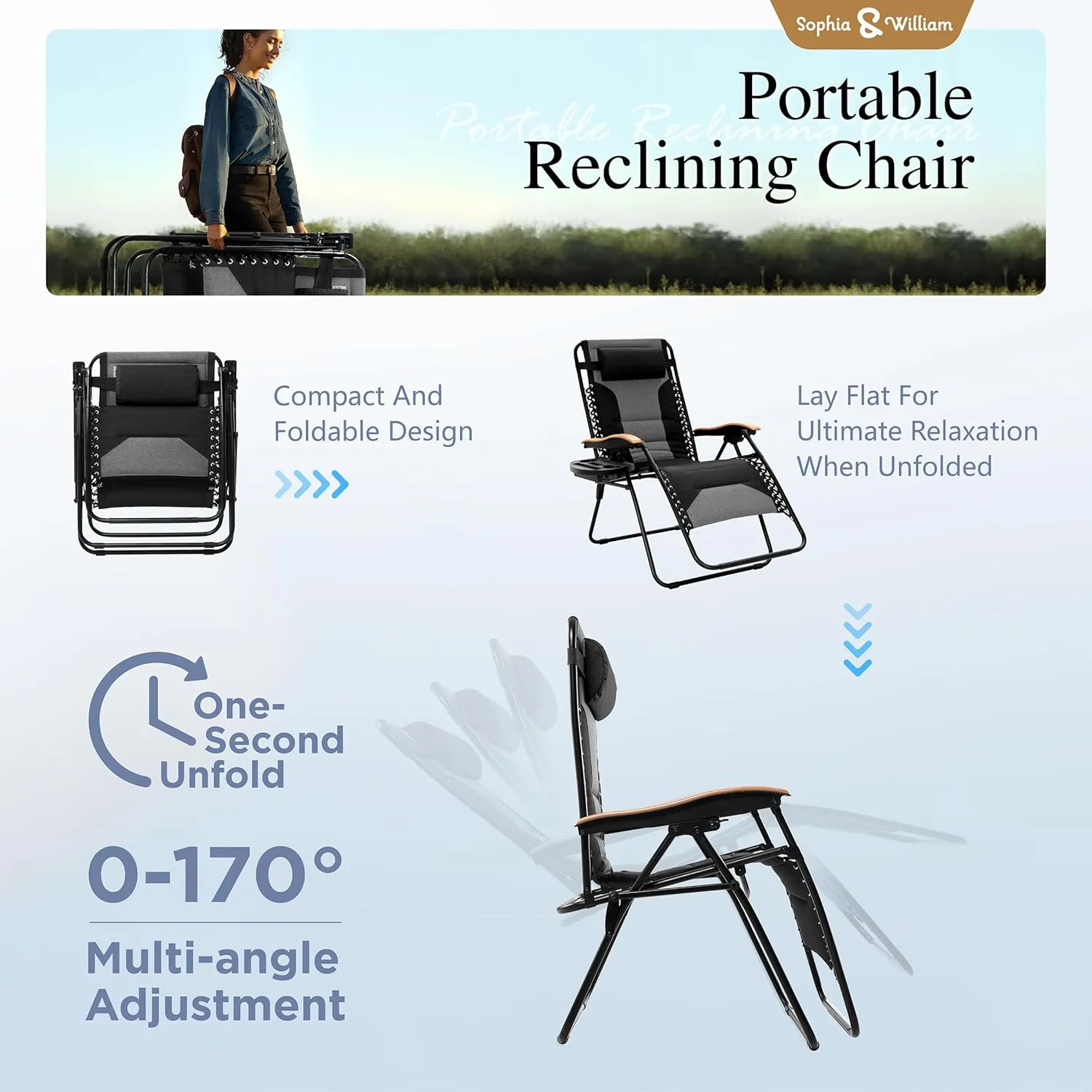 Sophia & William Oversize Zero Gravity Chair 2 Pack, Padded Lounge Chair with Free Cup Holder, Supports 350 LBS (Black)