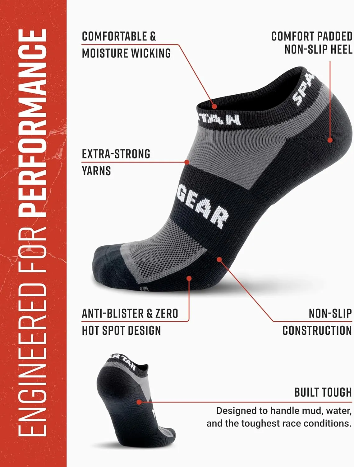 Spartan Race No-Show Running Socks, Cushioned, Non-Slip, Breathable Compression Athletic Ankle Socks, 2-Pack