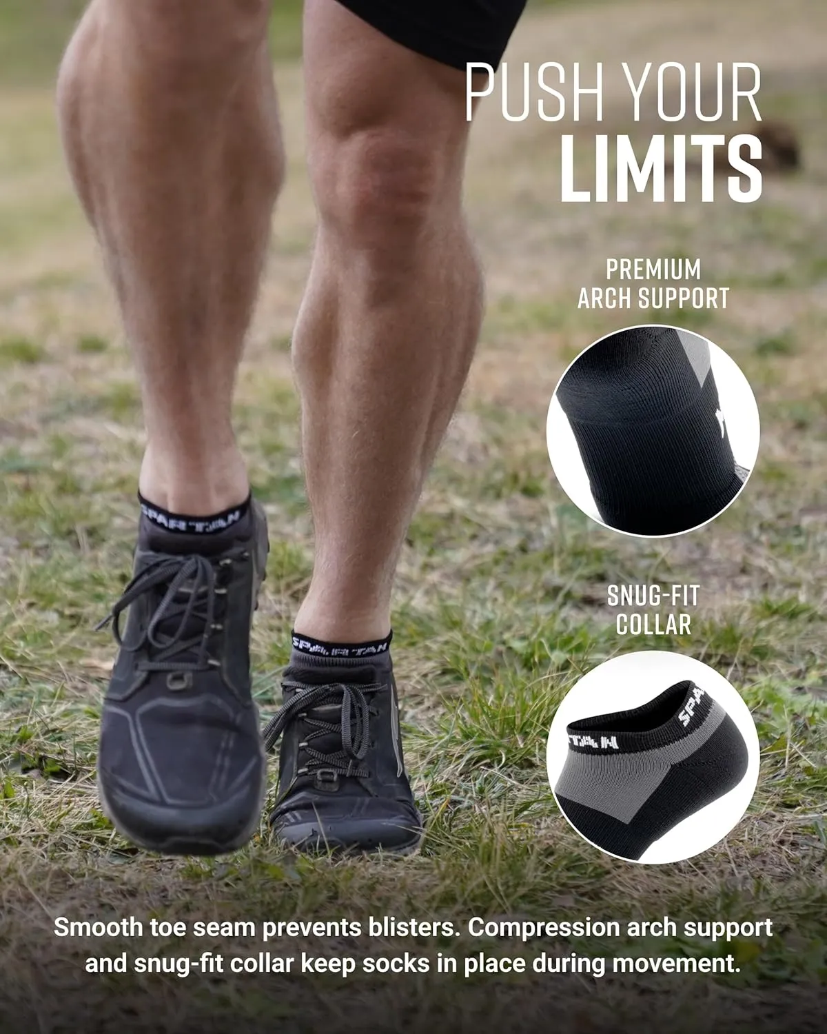 Spartan Race No-Show Running Socks, Cushioned, Non-Slip, Breathable Compression Athletic Ankle Socks, 2-Pack