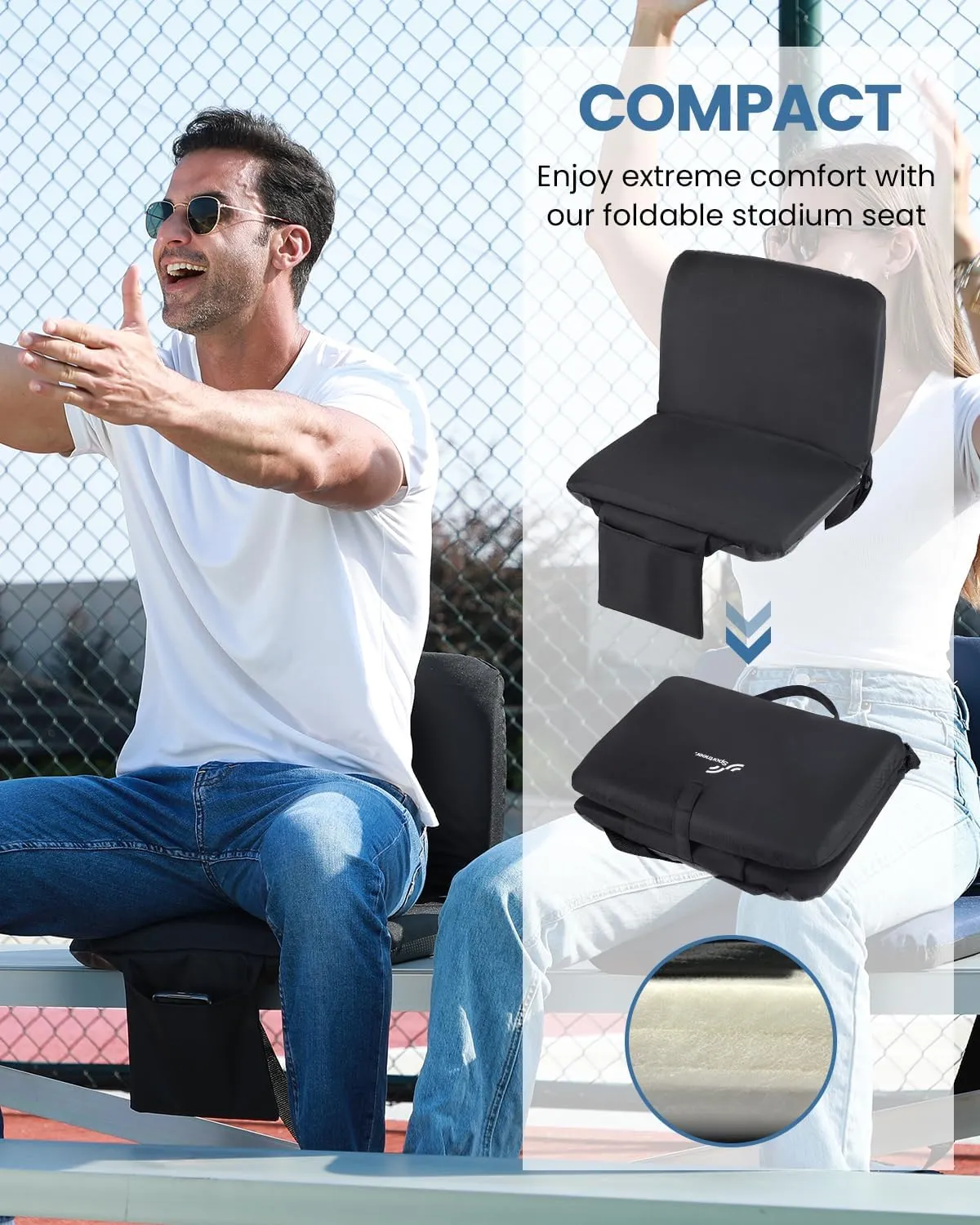 Sportneer Stadium Seats with Back Support: 6 Reclining Position Folding Bleacher Chairs with Back and Cushion - Padded Bleacher Seats with Shoulder Strap & Storage pocket for Events, Outdoors, Camping
