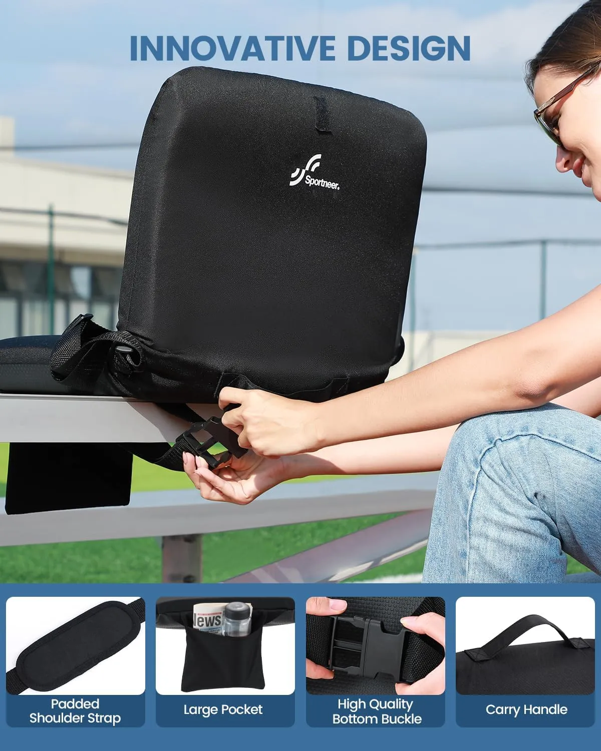 Sportneer Stadium Seats with Back Support: 6 Reclining Position Folding Bleacher Chairs with Back and Cushion - Padded Bleacher Seats with Shoulder Strap & Storage pocket for Events, Outdoors, Camping