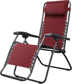 Sports Zero Gravity Outdoor Portable Folding Camping Lawn Deck Patio Pool Recliner Lounge Chair for Adults, Adjustable Headrest, Burgundy