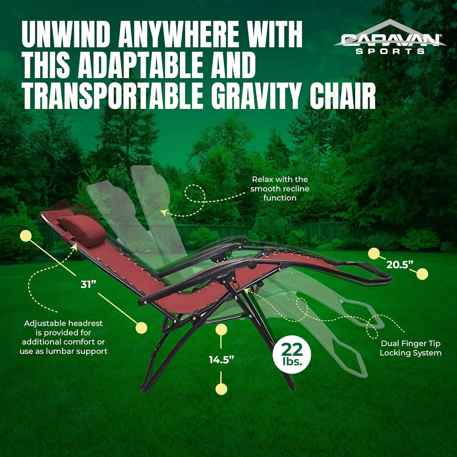 Sports Zero Gravity Outdoor Portable Folding Camping Lawn Deck Patio Pool Recliner Lounge Chair for Adults, Adjustable Headrest, Burgundy