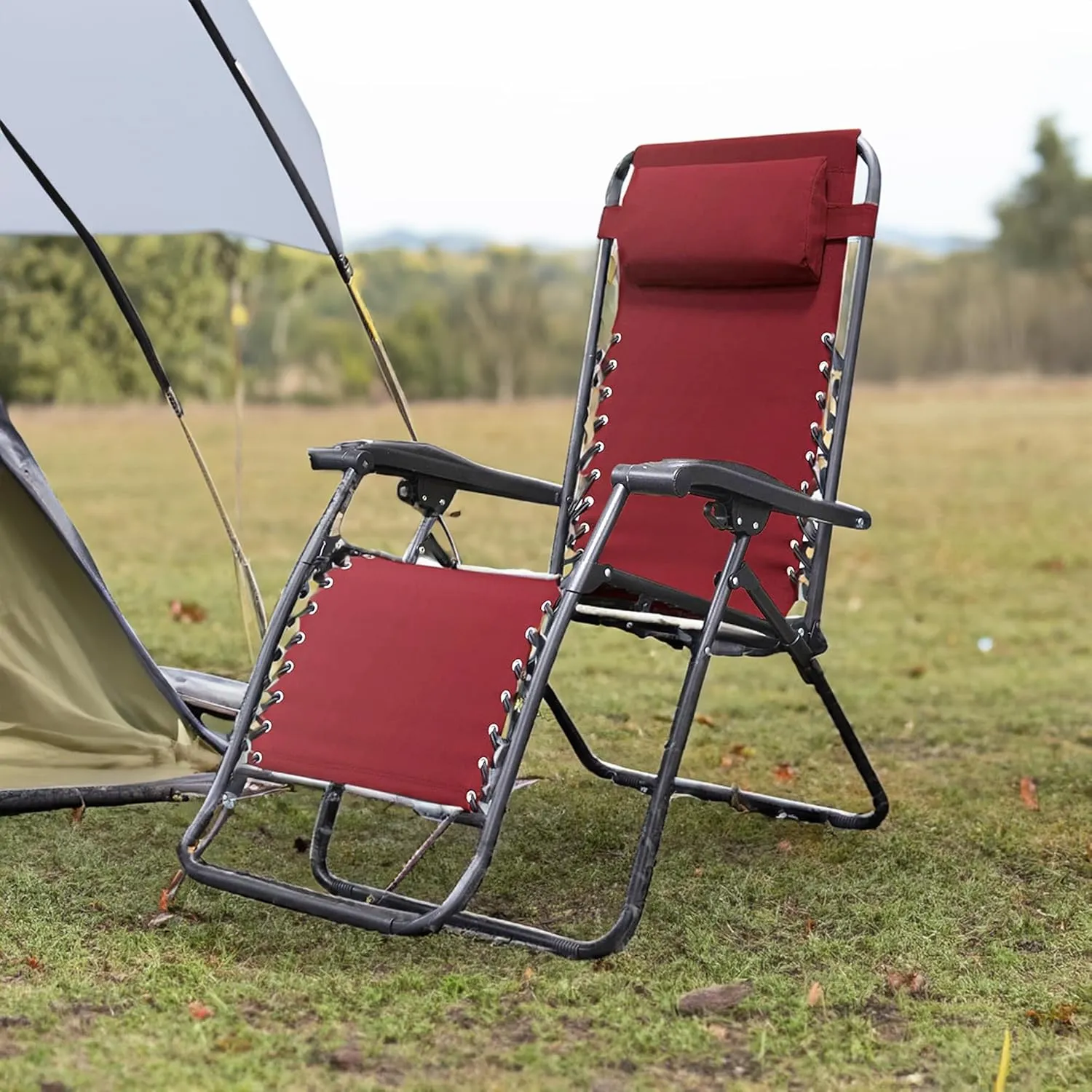 Sports Zero Gravity Outdoor Portable Folding Camping Lawn Deck Patio Pool Recliner Lounge Chair for Adults, Adjustable Headrest, Burgundy