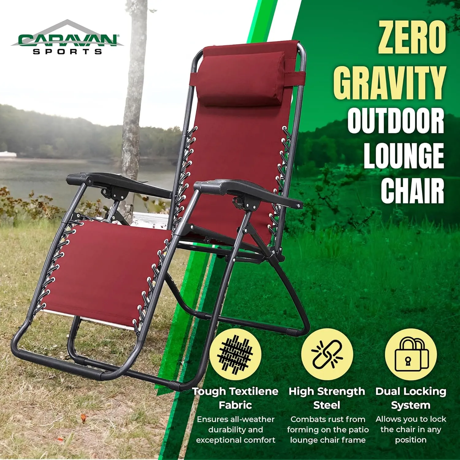 Sports Zero Gravity Outdoor Portable Folding Camping Lawn Deck Patio Pool Recliner Lounge Chair for Adults, Adjustable Headrest, Burgundy