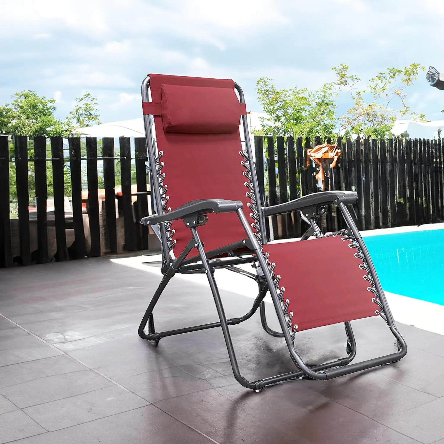 Sports Zero Gravity Outdoor Portable Folding Camping Lawn Deck Patio Pool Recliner Lounge Chair for Adults, Adjustable Headrest, Burgundy