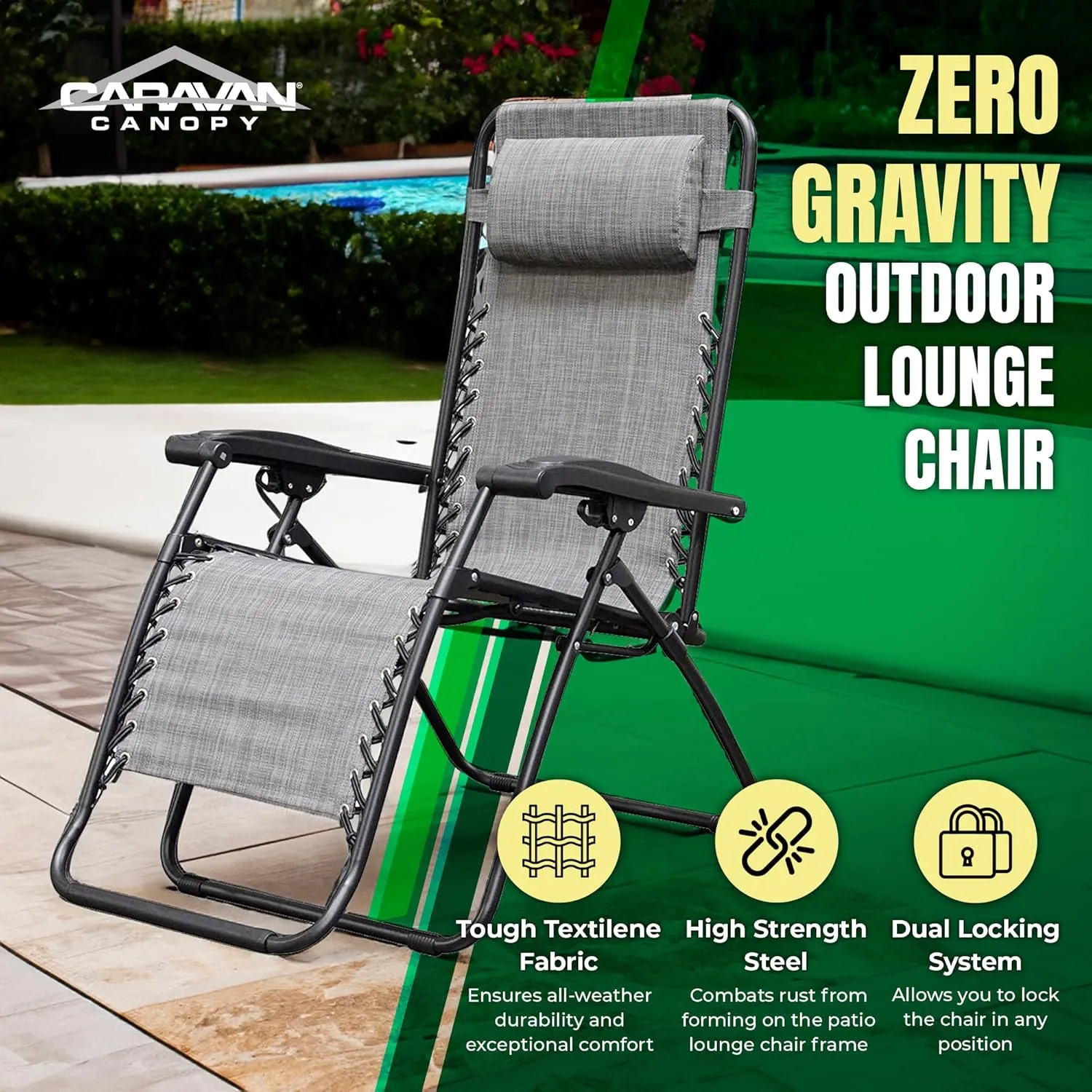 Sports Zero Gravity Outdoor Portable Folding Camping Lawn Deck Patio Pool Recliner Lounge Chair for Adults, Adjustable Headrest, Gray