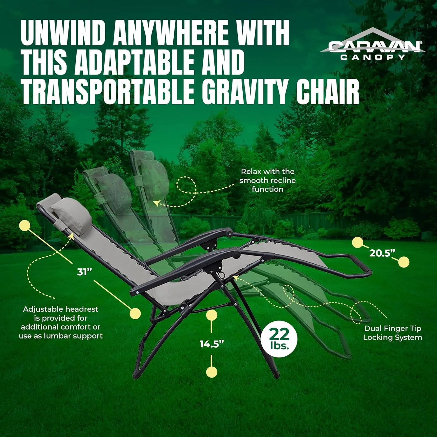 Sports Zero Gravity Outdoor Portable Folding Camping Lawn Deck Patio Pool Recliner Lounge Chair for Adults, Adjustable Headrest, Gray
