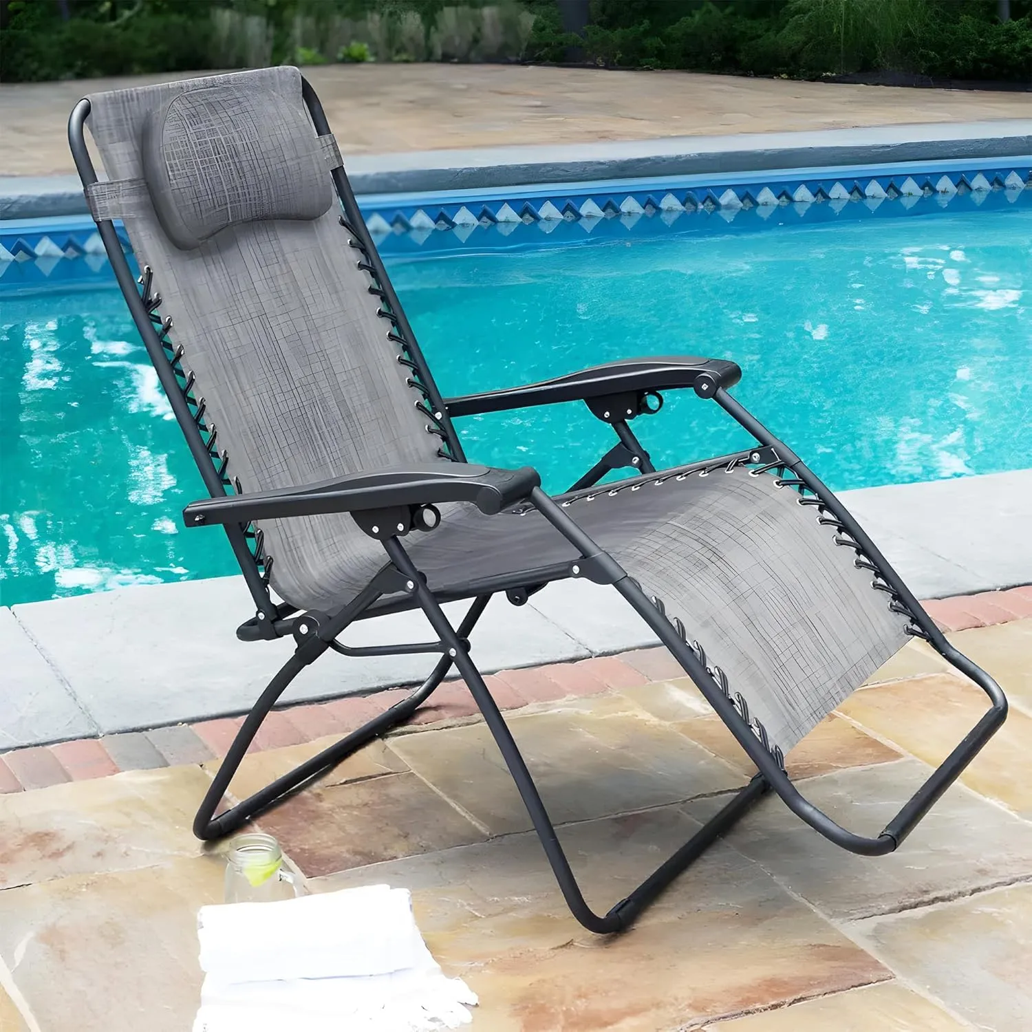 Sports Zero Gravity Outdoor Portable Folding Camping Lawn Deck Patio Pool Recliner Lounge Chair for Adults, Adjustable Headrest, Gray