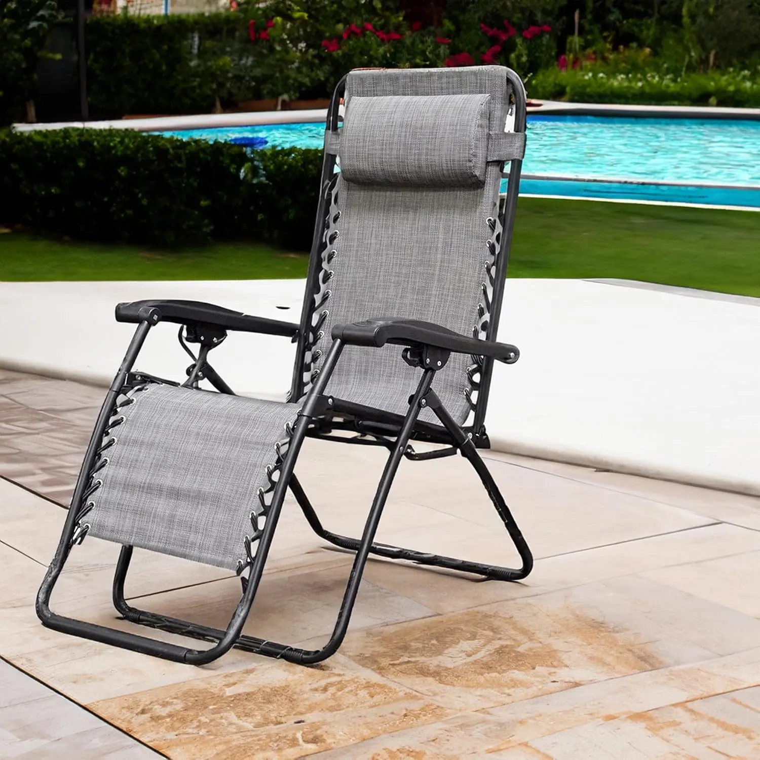 Sports Zero Gravity Outdoor Portable Folding Camping Lawn Deck Patio Pool Recliner Lounge Chair for Adults, Adjustable Headrest, Gray