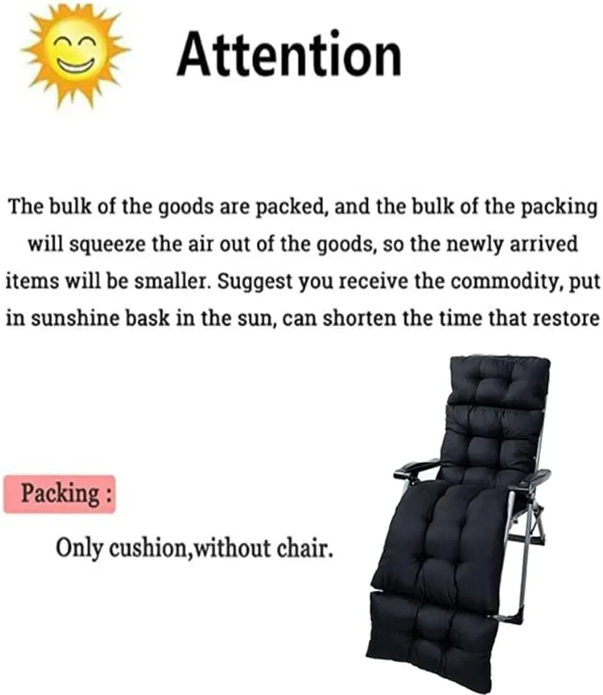 Srutirbo Chaise Lounge Chair Cushions Long Bench Cushion for Outdoor Furniture, All Weather Replacement Indoor Outdoor Padded Recliner Chair Cushion with Non-Slip Back Elastic Sleeve (Black)
