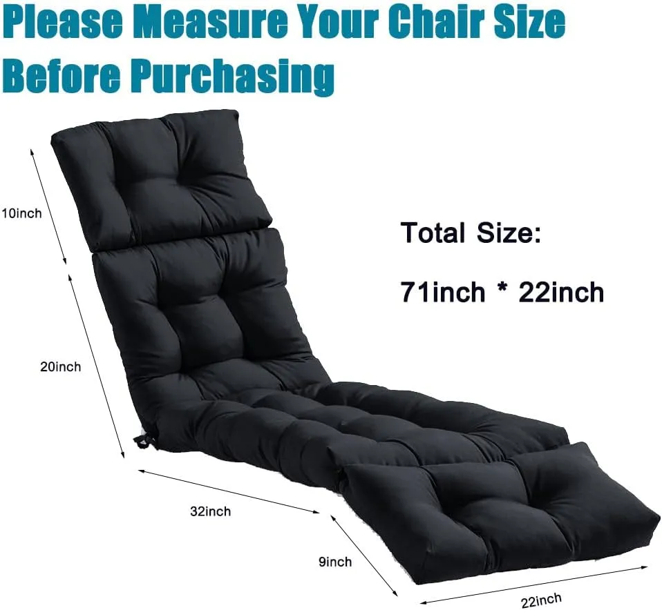 Srutirbo Chaise Lounge Chair Cushions Long Bench Cushion for Outdoor Furniture, All Weather Replacement Indoor Outdoor Padded Recliner Chair Cushion with Non-Slip Back Elastic Sleeve (Black)
