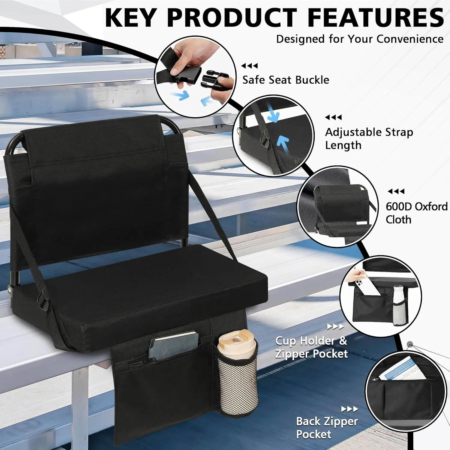 Stadium Seat for Bleachers with Back Support and Wide Padded Cushion Stadium Chair - Includes Shoulder Strap and Cup Holder