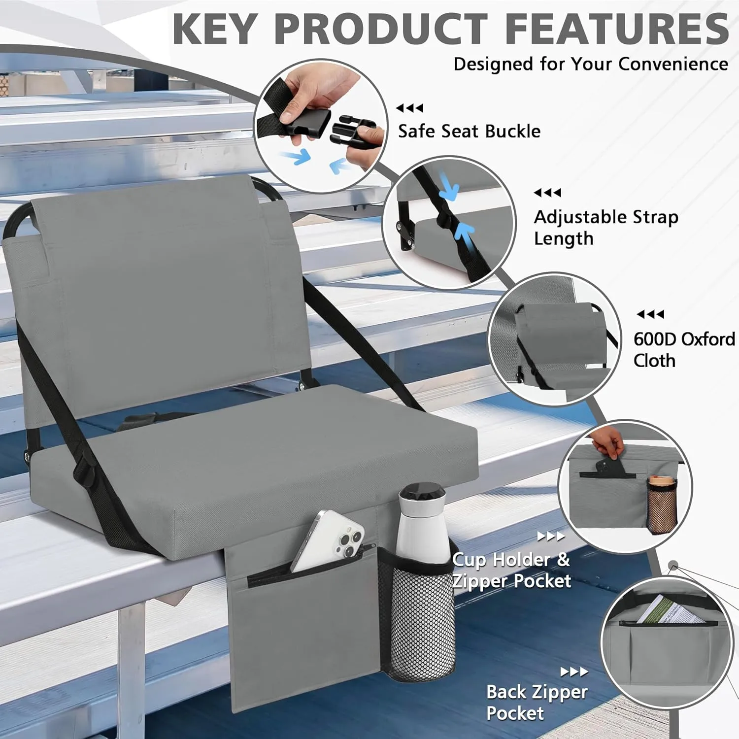 Stadium Seat for Bleachers with Back Support and Wide Padded Cushion Stadium Chair - Includes Shoulder Strap and Cup Holder