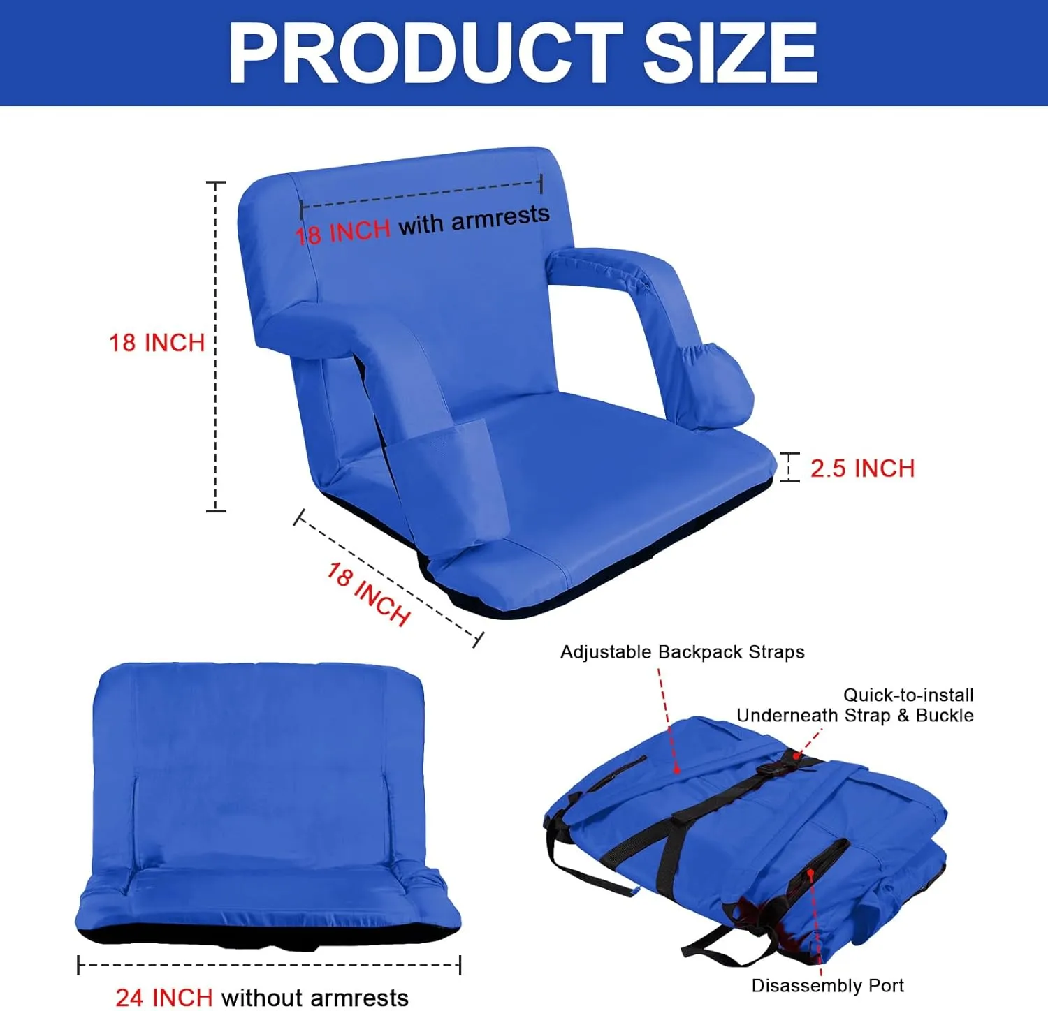 Stadium Seats for Bleachers with Back Support and Thick Padded Cushion,24" Extra Wide Portable Reclining Folding Chair with Optional Arms, 4 Pockets and Shoulder Straps,Big Size,Blue,2PCS
