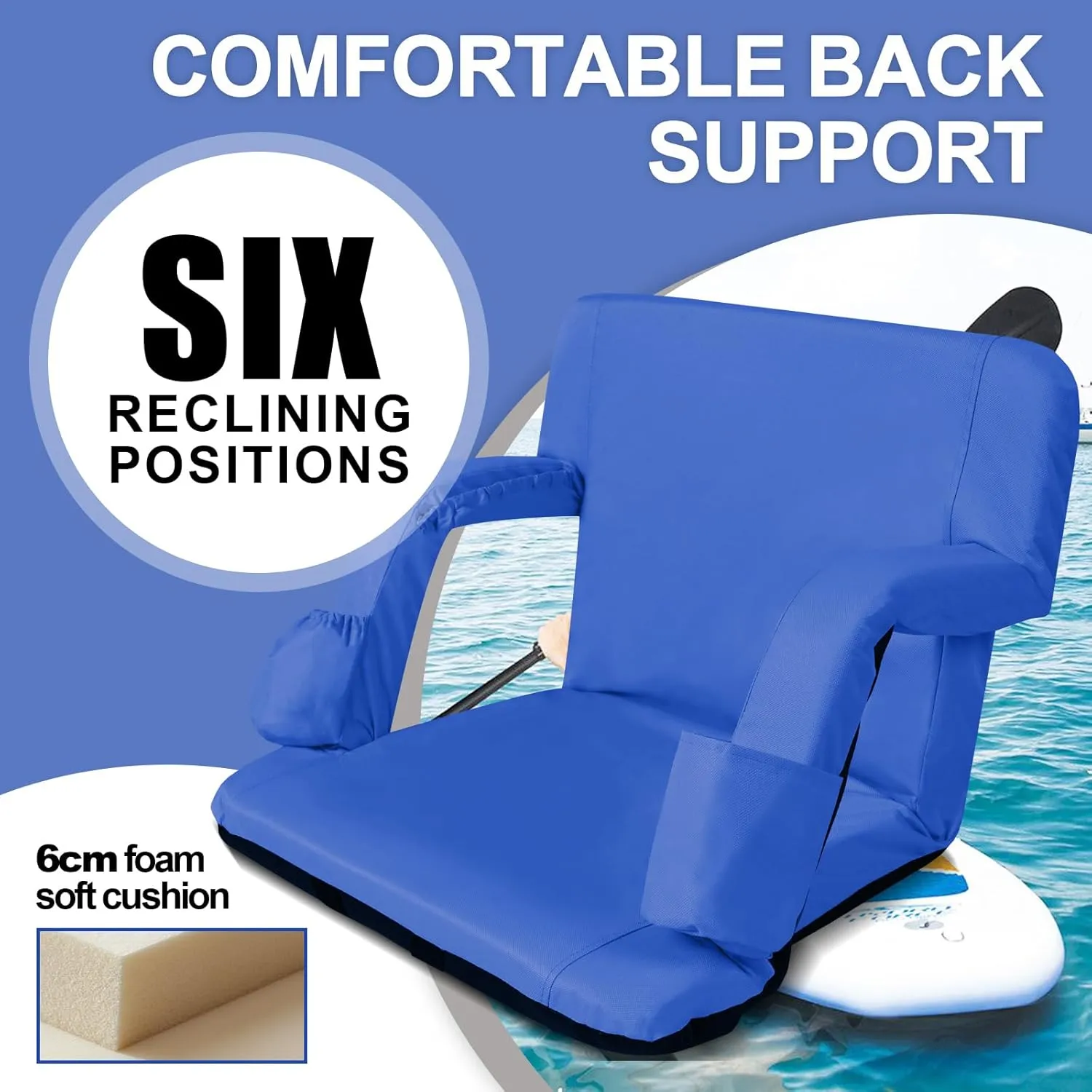 Stadium Seats for Bleachers with Back Support and Thick Padded Cushion,24" Extra Wide Portable Reclining Folding Chair with Optional Arms, 4 Pockets and Shoulder Straps,Big Size,Blue,2PCS