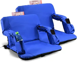 Stadium Seats for Bleachers with Back Support and Thick Padded Cushion,24" Extra Wide Portable Reclining Folding Chair with Optional Arms, 4 Pockets and Shoulder Straps,Big Size,Blue,2PCS