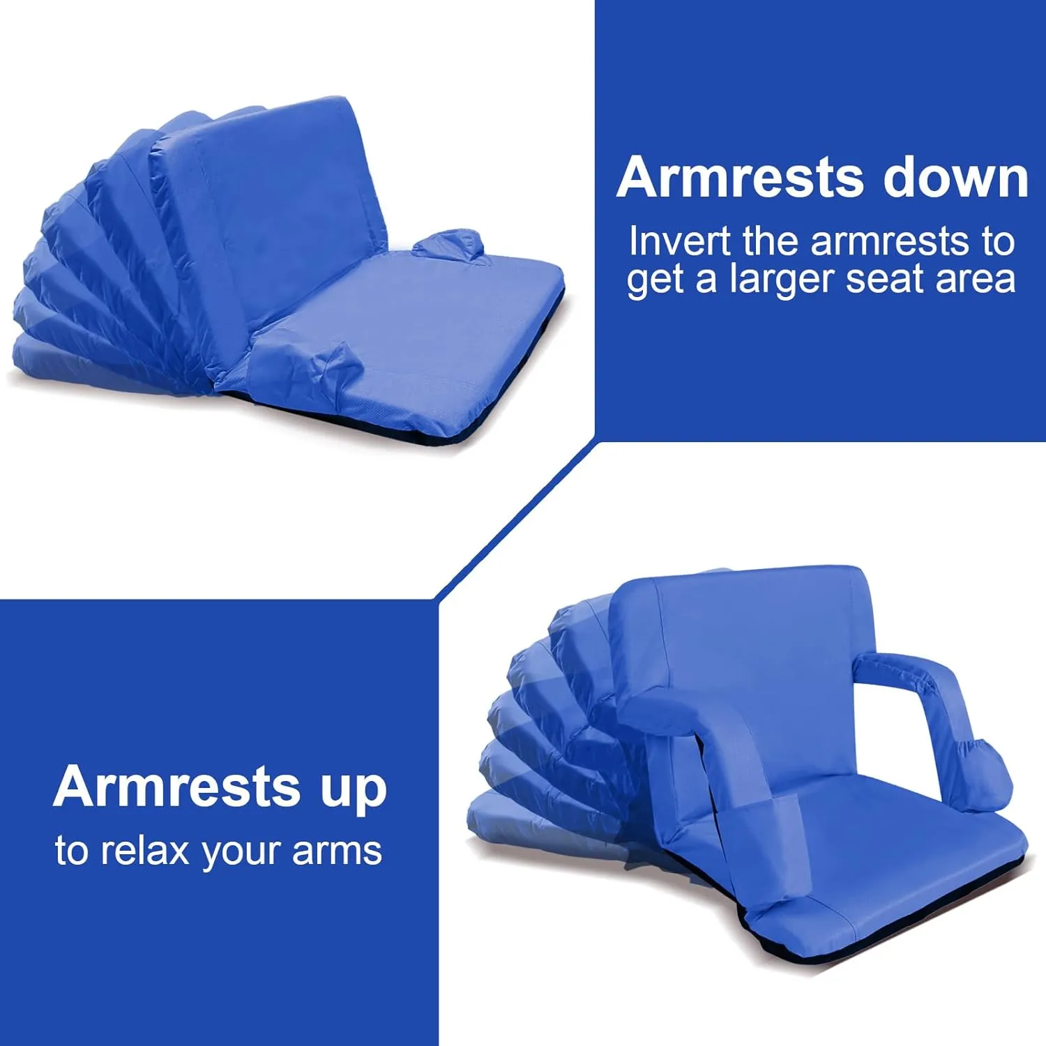 Stadium Seats for Bleachers with Back Support and Thick Padded Cushion,24" Extra Wide Portable Reclining Folding Chair with Optional Arms, 4 Pockets and Shoulder Straps,Big Size,Blue,2PCS