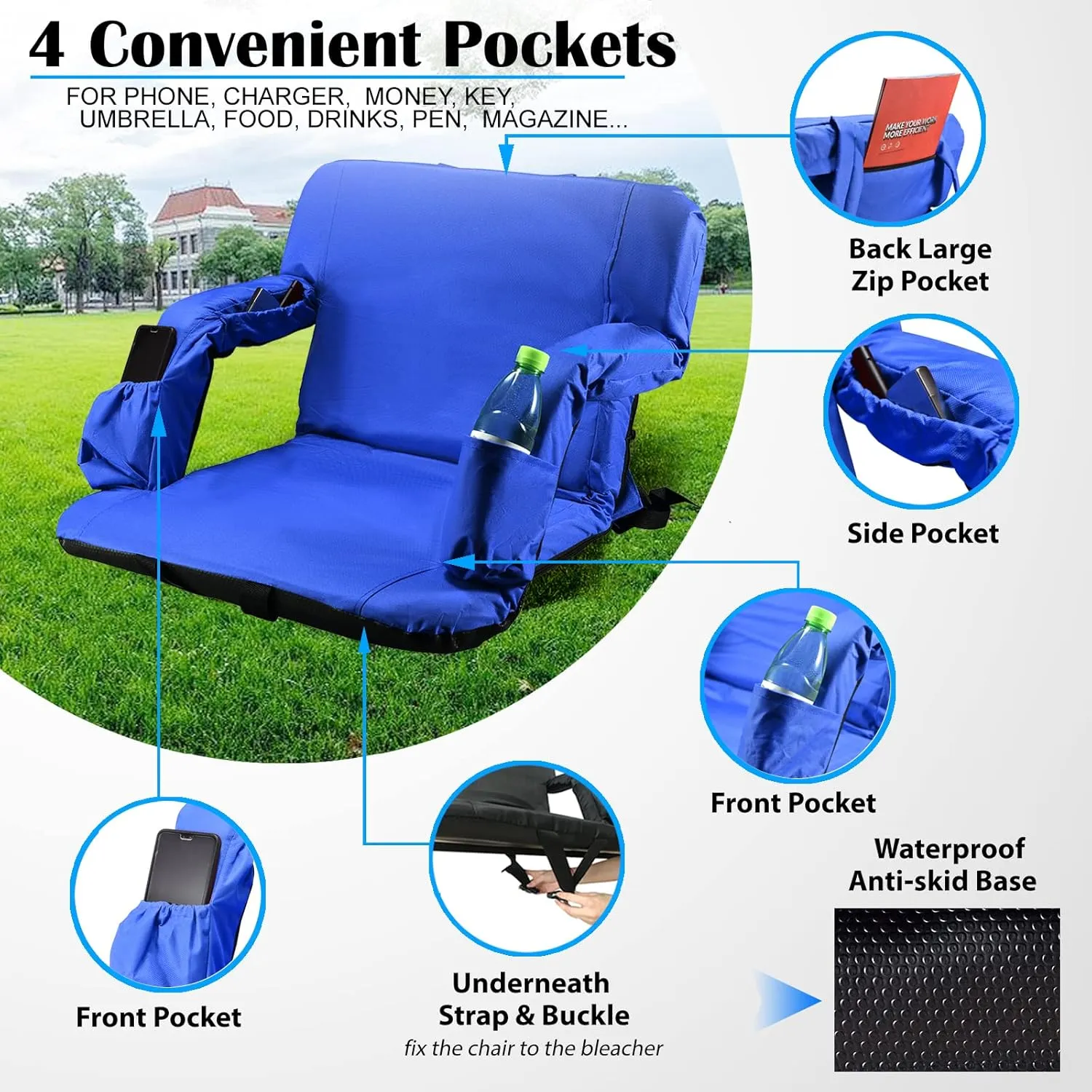 Stadium Seats for Bleachers with Back Support and Thick Padded Cushion,24" Extra Wide Portable Reclining Folding Chair with Optional Arms, 4 Pockets and Shoulder Straps,Big Size,Blue,2PCS