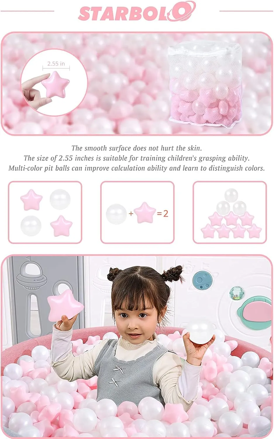 STARBOLO Ball Pit Balls Pack of 100 - BPA&Phthalate Free Non-Toxic Crush Proof Play Pit Soft Plastic Ball for 1 2 3 4 5 Years Old Toddlers Baby Kids Birthday Pool Tent Party