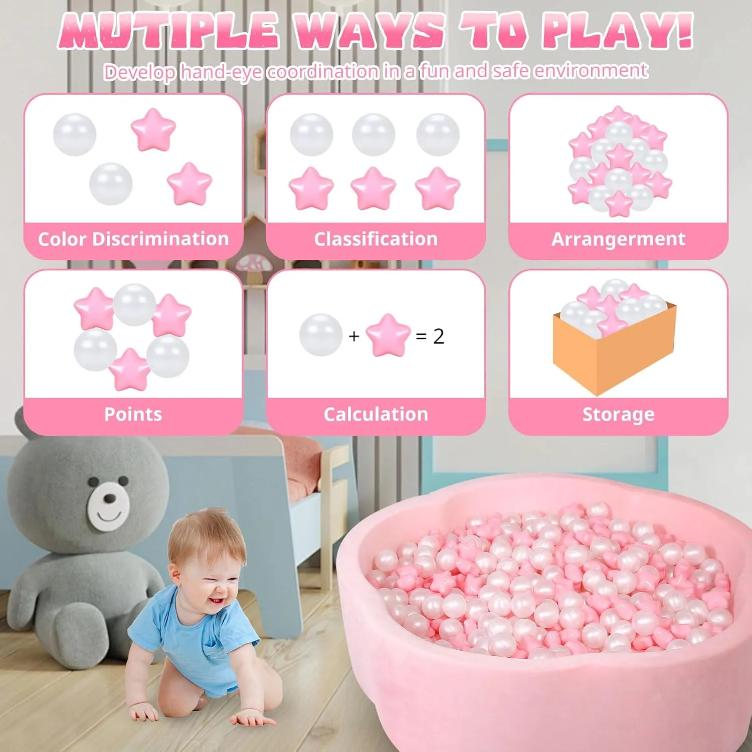 STARBOLO Ball Pit Balls Pack of 100 - BPA&Phthalate Free Non-Toxic Crush Proof Play Pit Soft Plastic Ball for 1 2 3 4 5 Years Old Toddlers Baby Kids Birthday Pool Tent Party