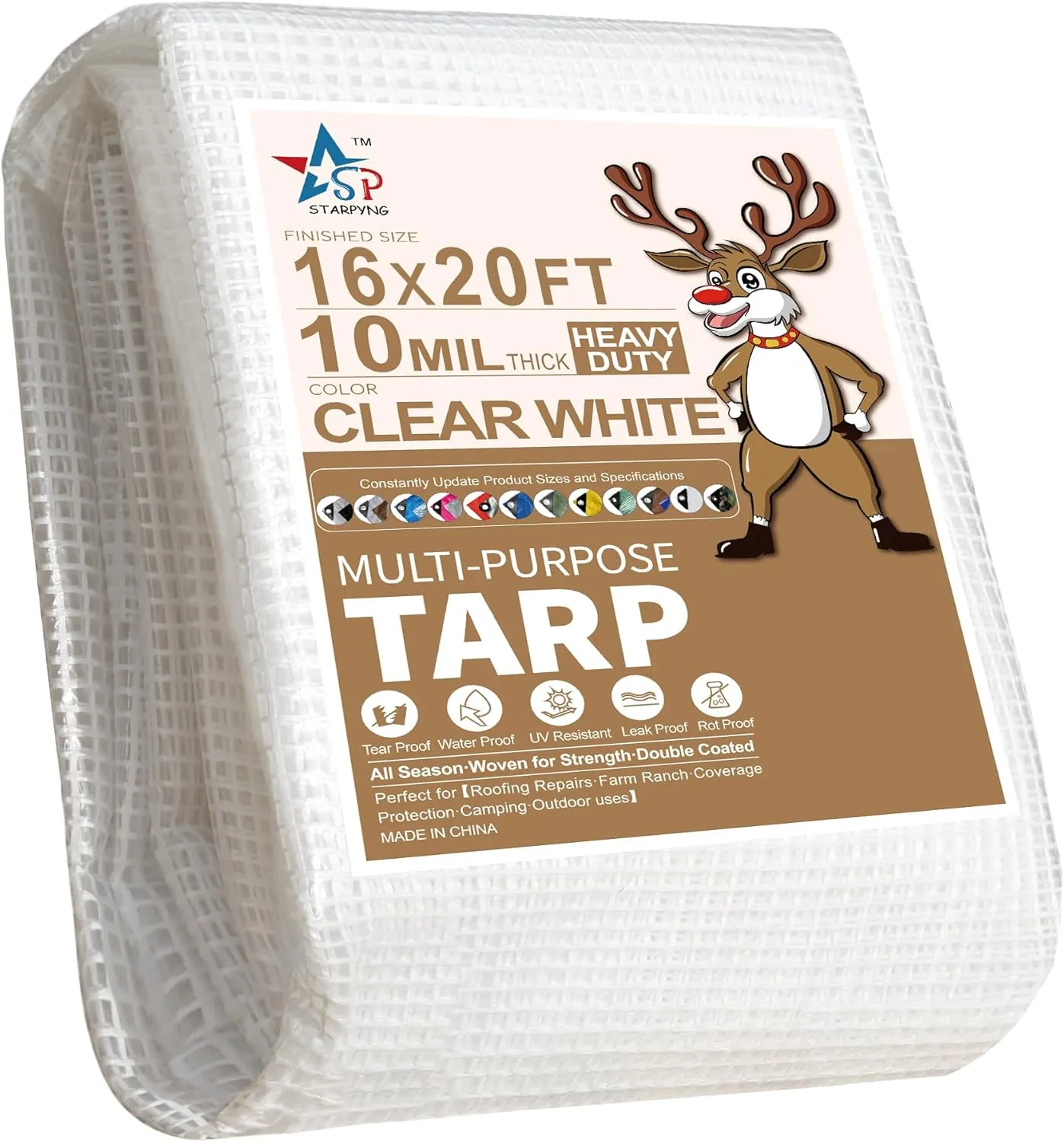 STARPYNG-10 Mil Clear/White 16X20 Feet Tarp-Heavy Duty Clear Mesh Tarp-Waterproof Tarp, UV Resistance,Greenhouse, Canopy, Tent, Yard and Outdoor Activities