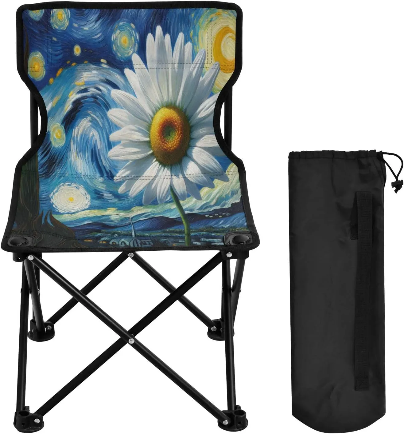 Starry Sunflower Oil Painting Portable Outdoor Folding Chair Anti-Slip Padded Oxford Cloth Stool Camping Chair Small for Beach Hiking Fishing Gardening Quad Camp Chair