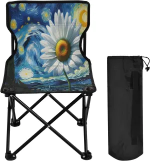 Starry Sunflower Oil Painting Portable Outdoor Folding Chair Anti-Slip Padded Oxford Cloth Stool Camping Chair Small for Beach Hiking Fishing Gardening Quad Camp Chair