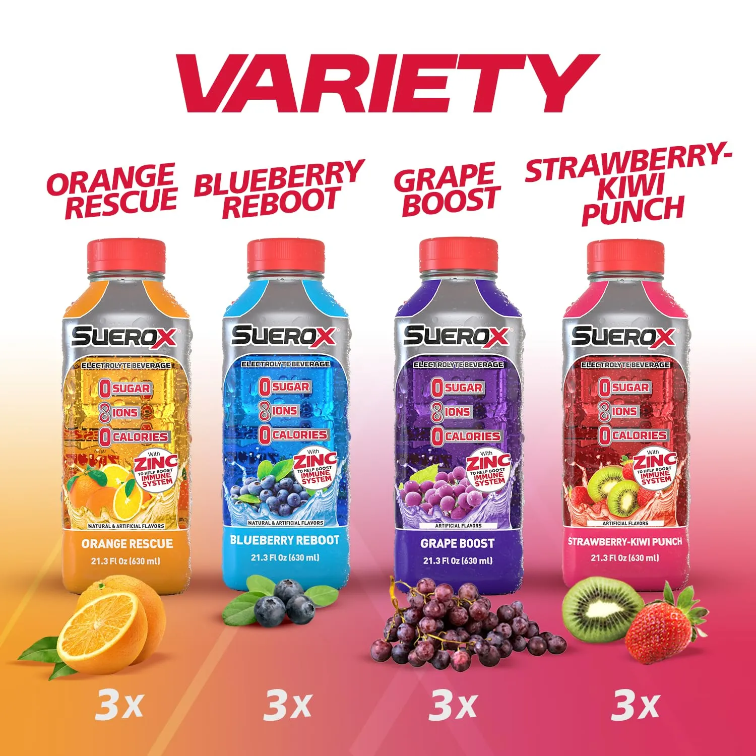SueroX Zero Sugar Electrolyte Drink for Hydration and Recovery, Unique Blend of Electrolytes & 8 Ions, Zero Calorie Sports Drink, 21.3 Fl Oz, Variety Pack, 12 Count