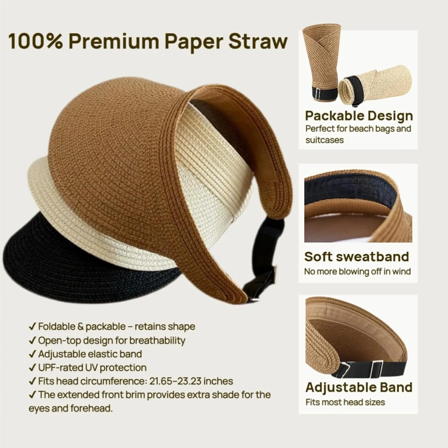 Sun Visor Hat for Women Summer Beach Vacation Essential Ponytail Friendly Travel Foldable Packable UPF 50 