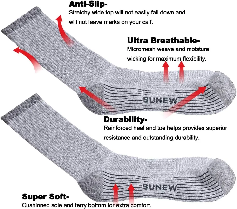 Sunew Viscose Bamboo Socks, Unisex Cushioned Comfortable Crew Workout Hiking Socks 6 Pairs