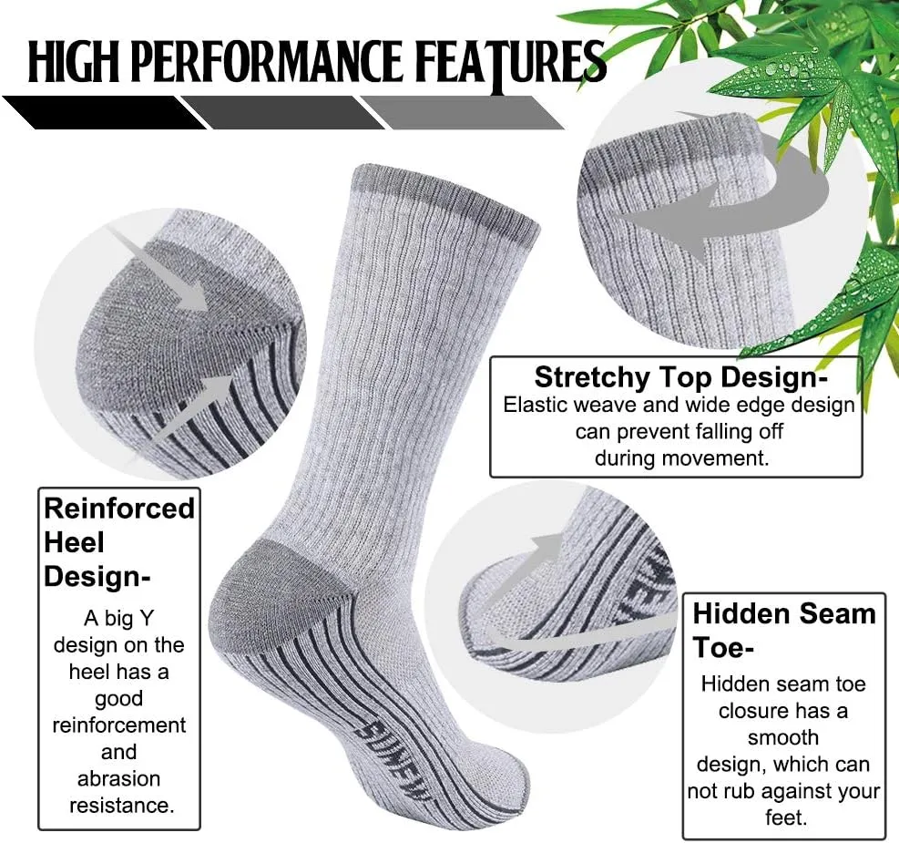 Sunew Viscose Bamboo Socks, Unisex Cushioned Comfortable Crew Workout Hiking Socks 6 Pairs