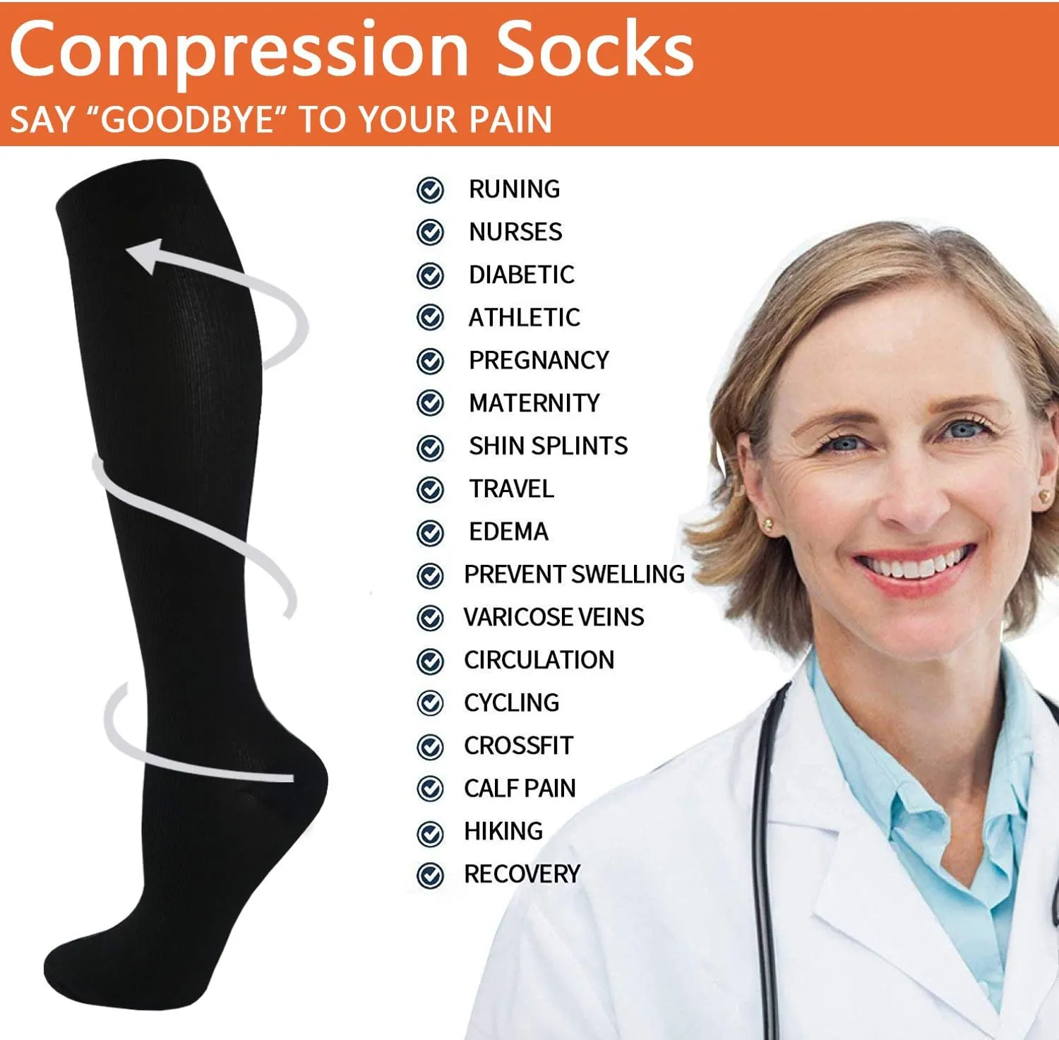 SunFeeling 6 Pairs Compression Socks for Women & Men Circulation - Best Support for Nurses,Running,Athletic,Sports