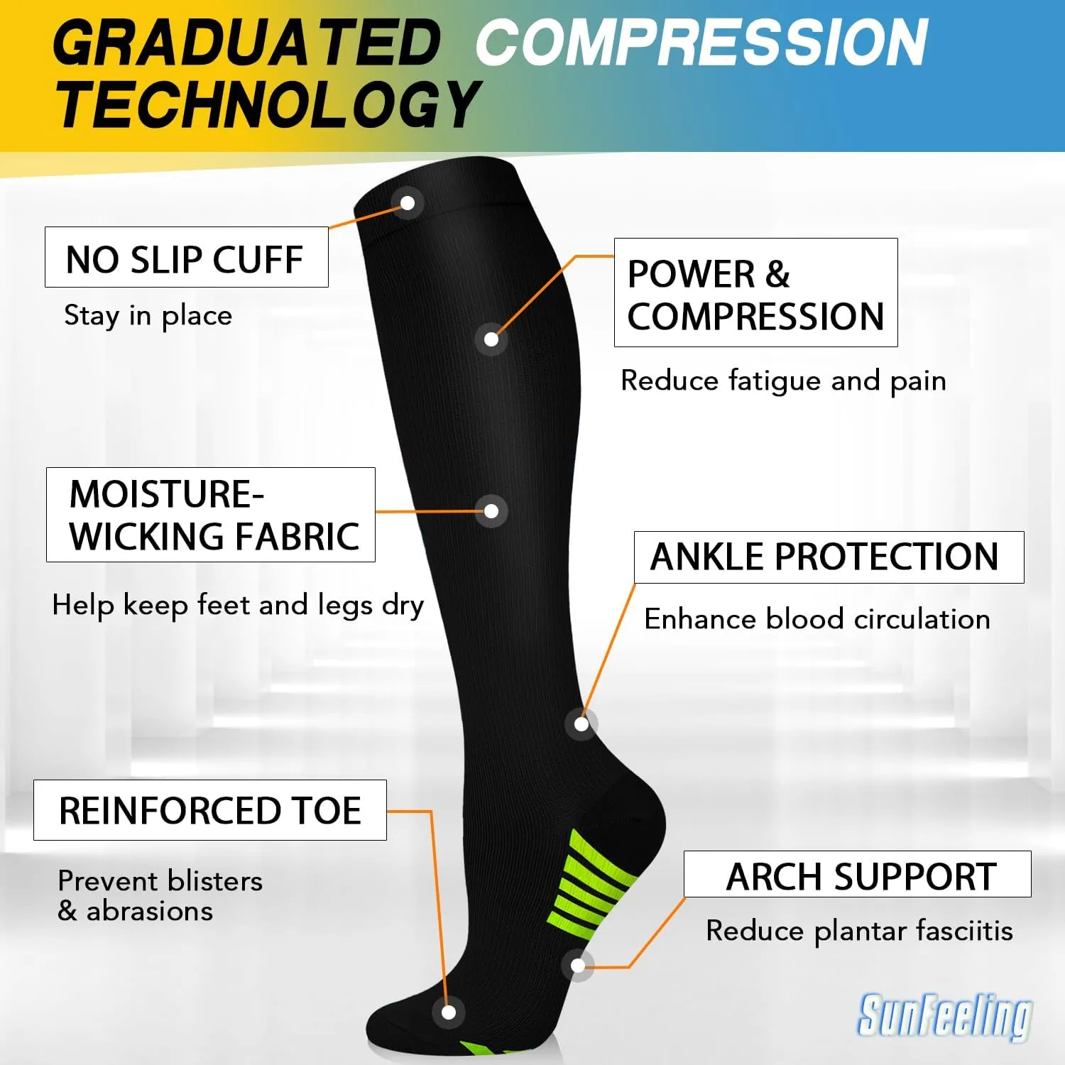 SunFeeling 6 Pairs Compression Socks for Women & Men Circulation - Best Support for Nurses,Running,Athletic,Sports