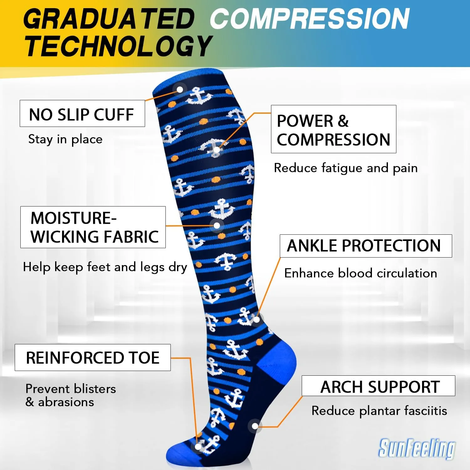 SunFeeling 6 Pairs Compression Socks for Women & Men Circulation - Best Support for Nurses,Running,Athletic,Sports