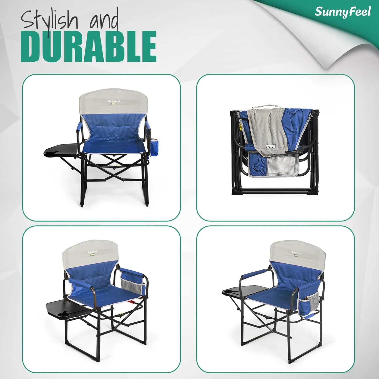 SUNNYFEEL Camping Directors Chair, Heavy Duty,Oversized Portable Folding Chair with Side Table, Pocket for Beach, Fishing,Trip,Picnic,Lawn,Concert Outdoor Foldable Camp Chairs