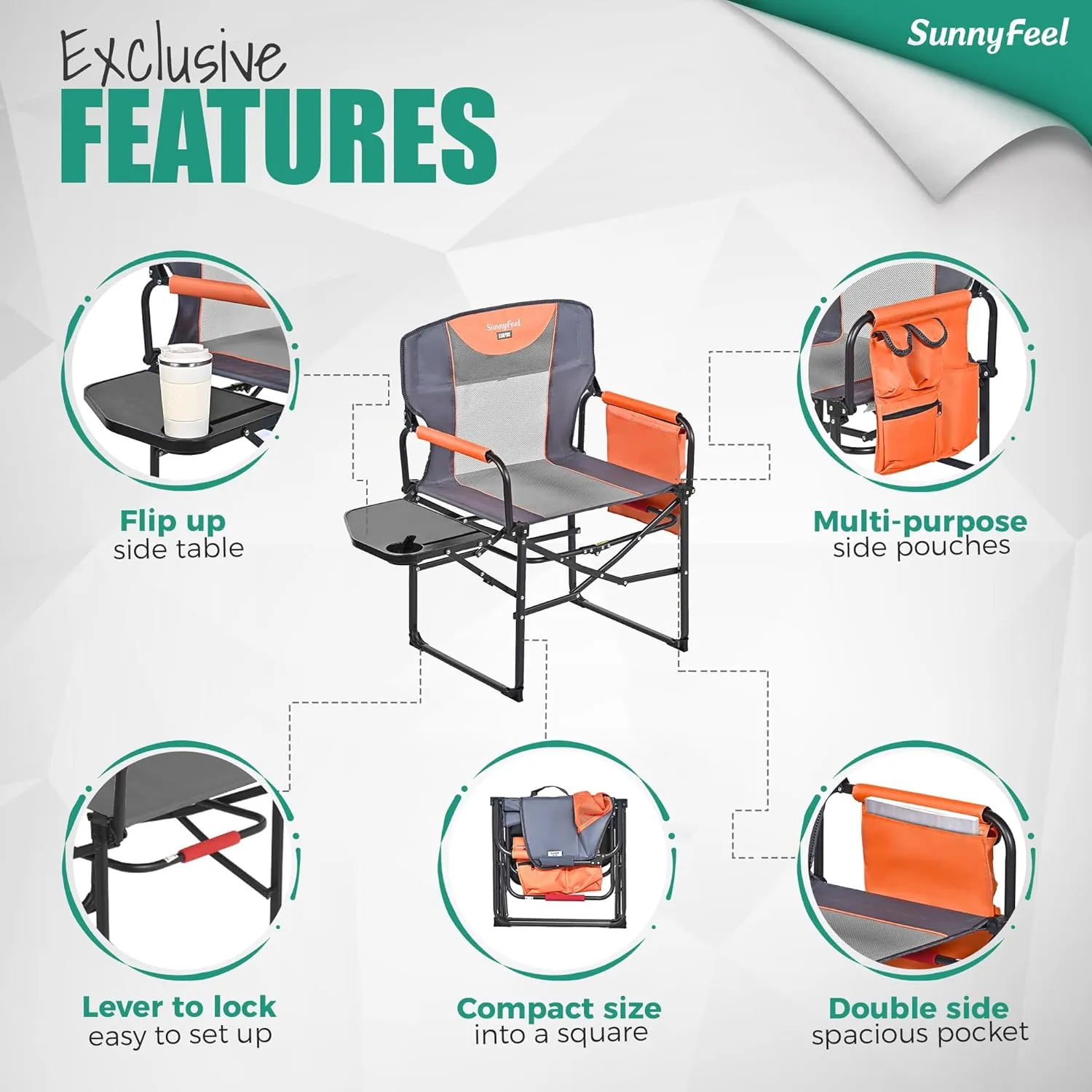SUNNYFEEL Camping Directors Chair, Heavy Duty,Oversized Portable Folding Chair with Side Table, Pocket for Beach, Fishing,Trip,Picnic,Lawn,Concert Outdoor Foldable Camp Chairs