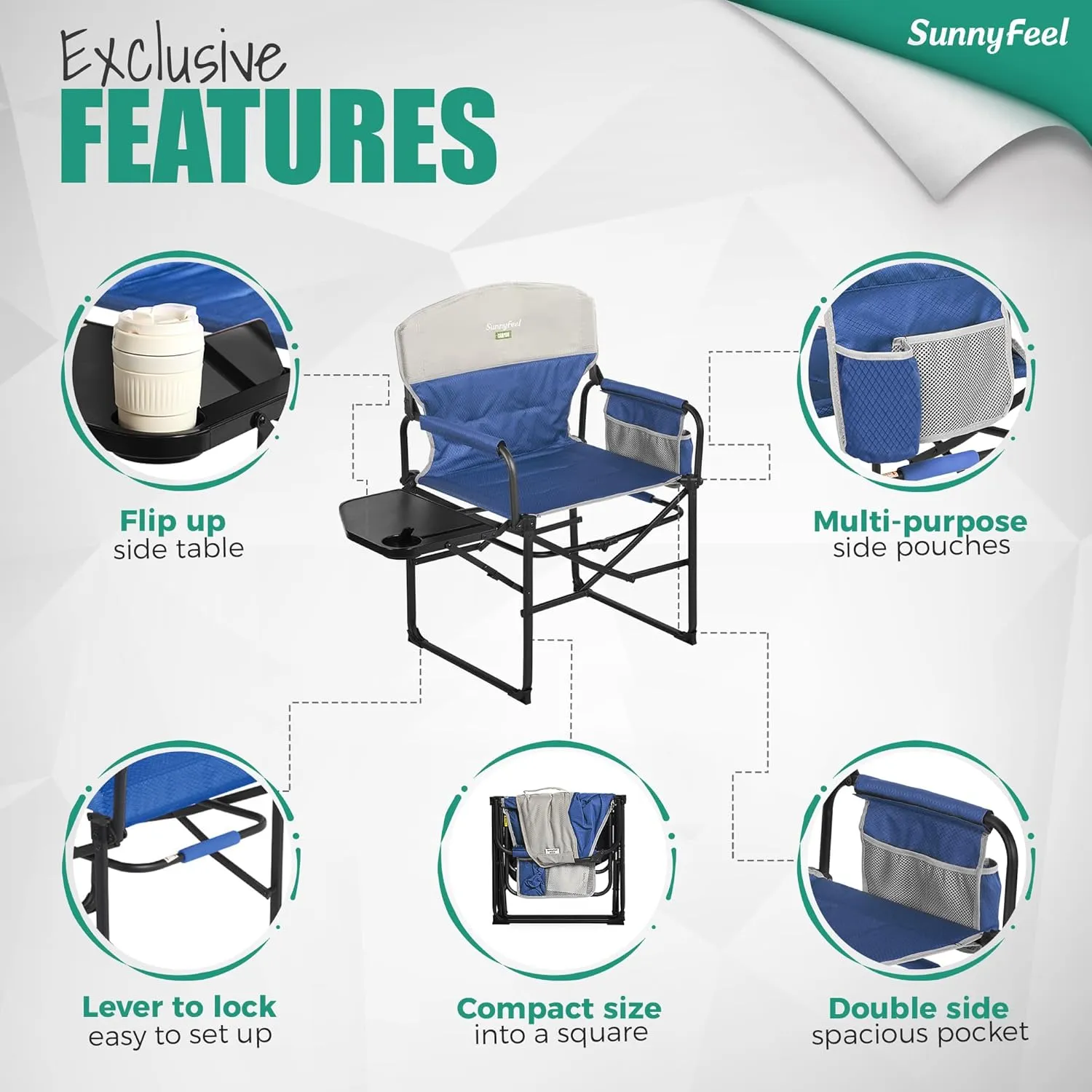 SUNNYFEEL Camping Directors Chair, Heavy Duty,Oversized Portable Folding Chair with Side Table, Pocket for Beach, Fishing,Trip,Picnic,Lawn,Concert Outdoor Foldable Camp Chairs
