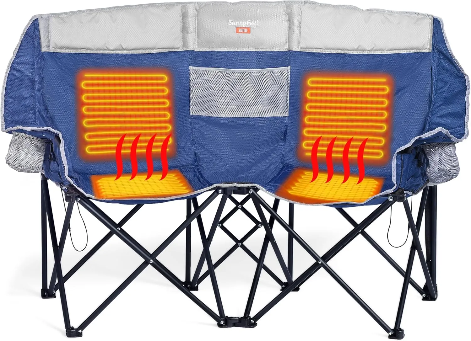 SUNNYFEEL Heated Double Camping Chair, Oversized Folding Loveseat Chair, Heavy Duty Portable/Foldable Lawn Chair for Beach/Outdoor/Travel/Picnic, Fold Up Camp Chairs for Adults 2 People