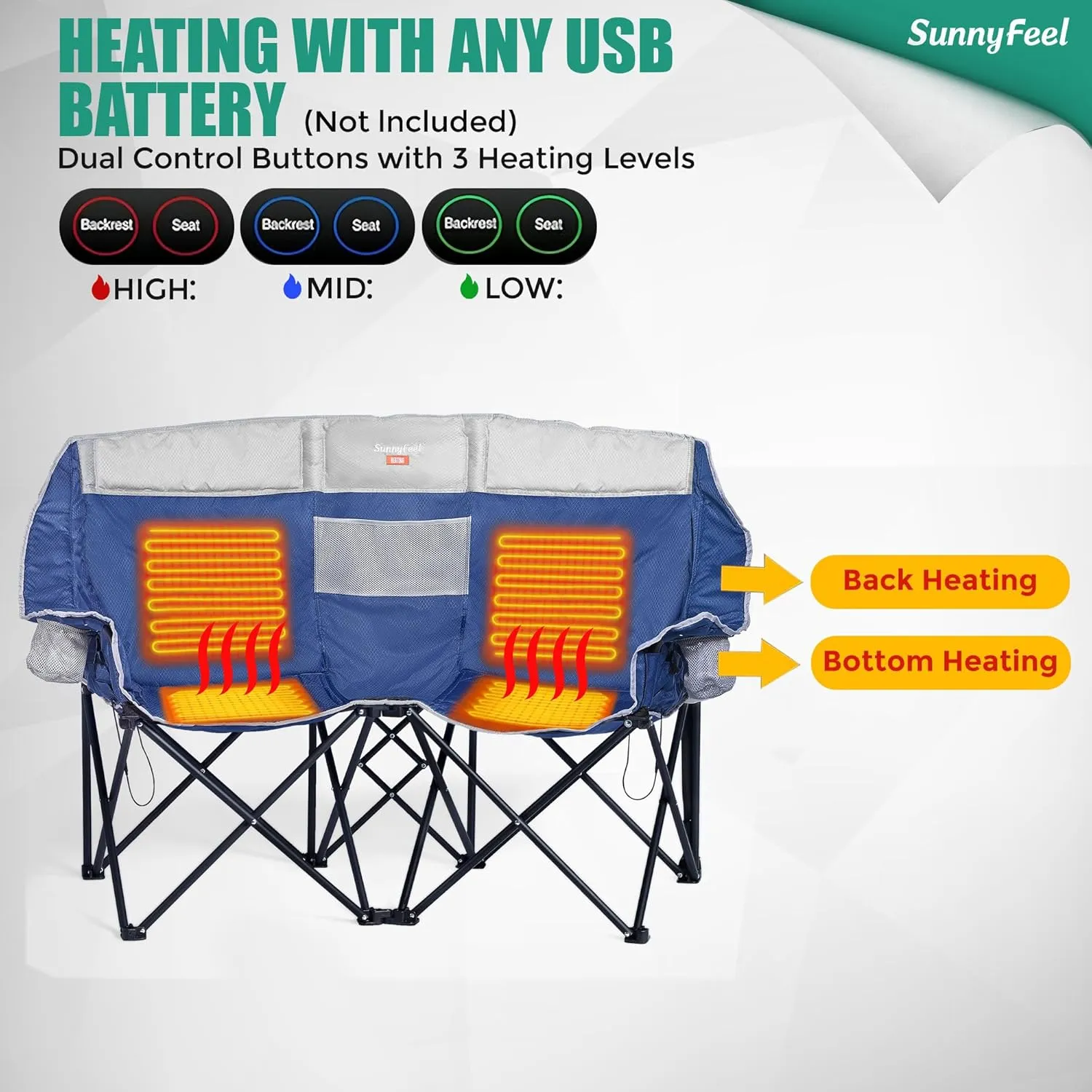 SUNNYFEEL Heated Double Camping Chair, Oversized Folding Loveseat Chair, Heavy Duty Portable/Foldable Lawn Chair for Beach/Outdoor/Travel/Picnic, Fold Up Camp Chairs for Adults 2 People