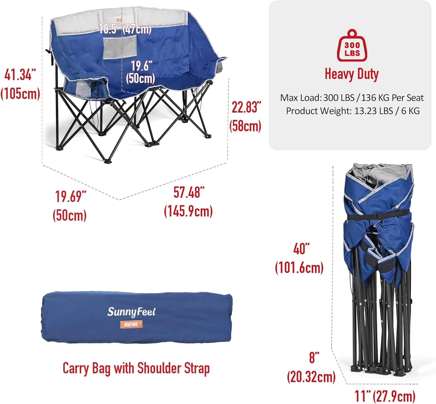 SUNNYFEEL Heated Double Camping Chair, Oversized Folding Loveseat Chair, Heavy Duty Portable/Foldable Lawn Chair for Beach/Outdoor/Travel/Picnic, Fold Up Camp Chairs for Adults 2 People