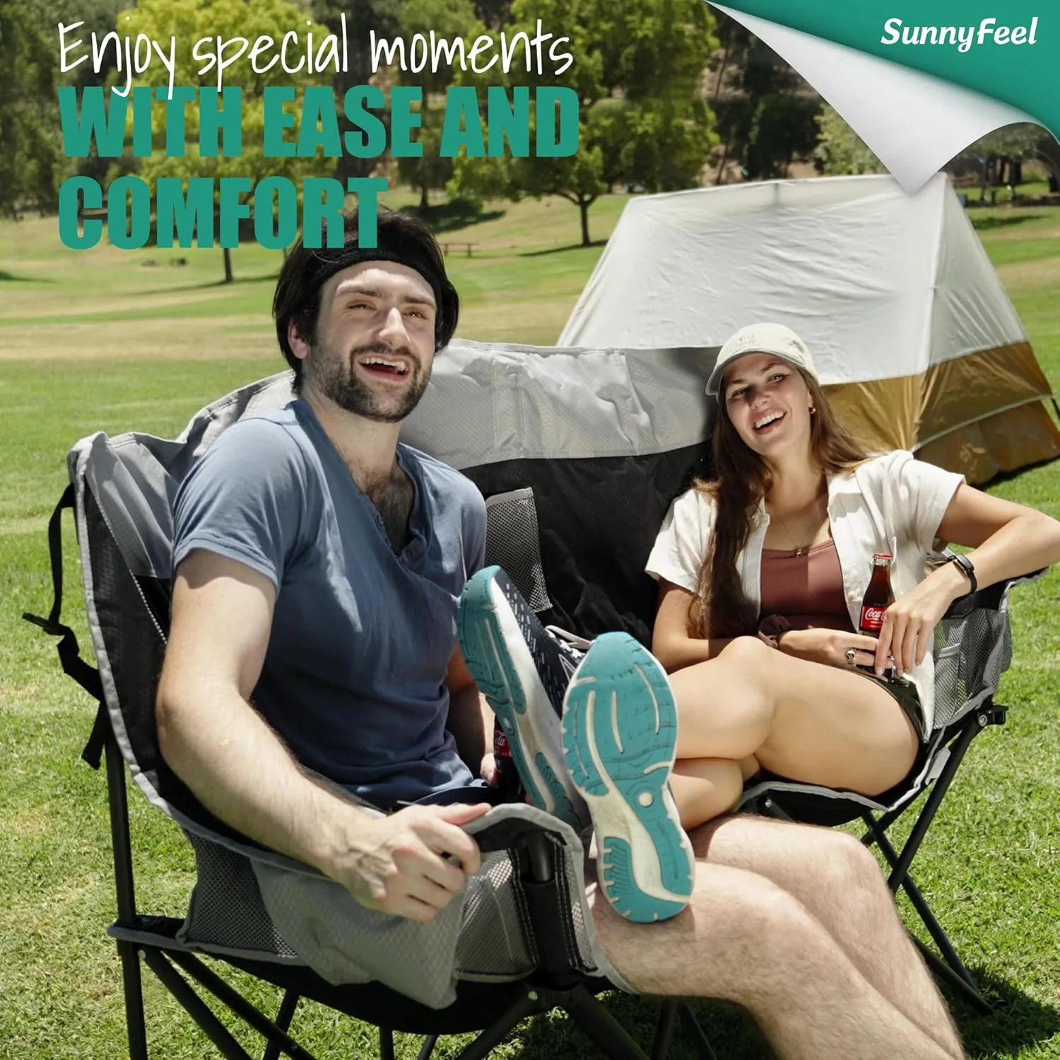 SUNNYFEEL Heated Double Camping Chair, Oversized Folding Loveseat Chair, Heavy Duty Portable/Foldable Lawn Chair for Beach/Outdoor/Travel/Picnic, Fold Up Camp Chairs for Adults 2 People