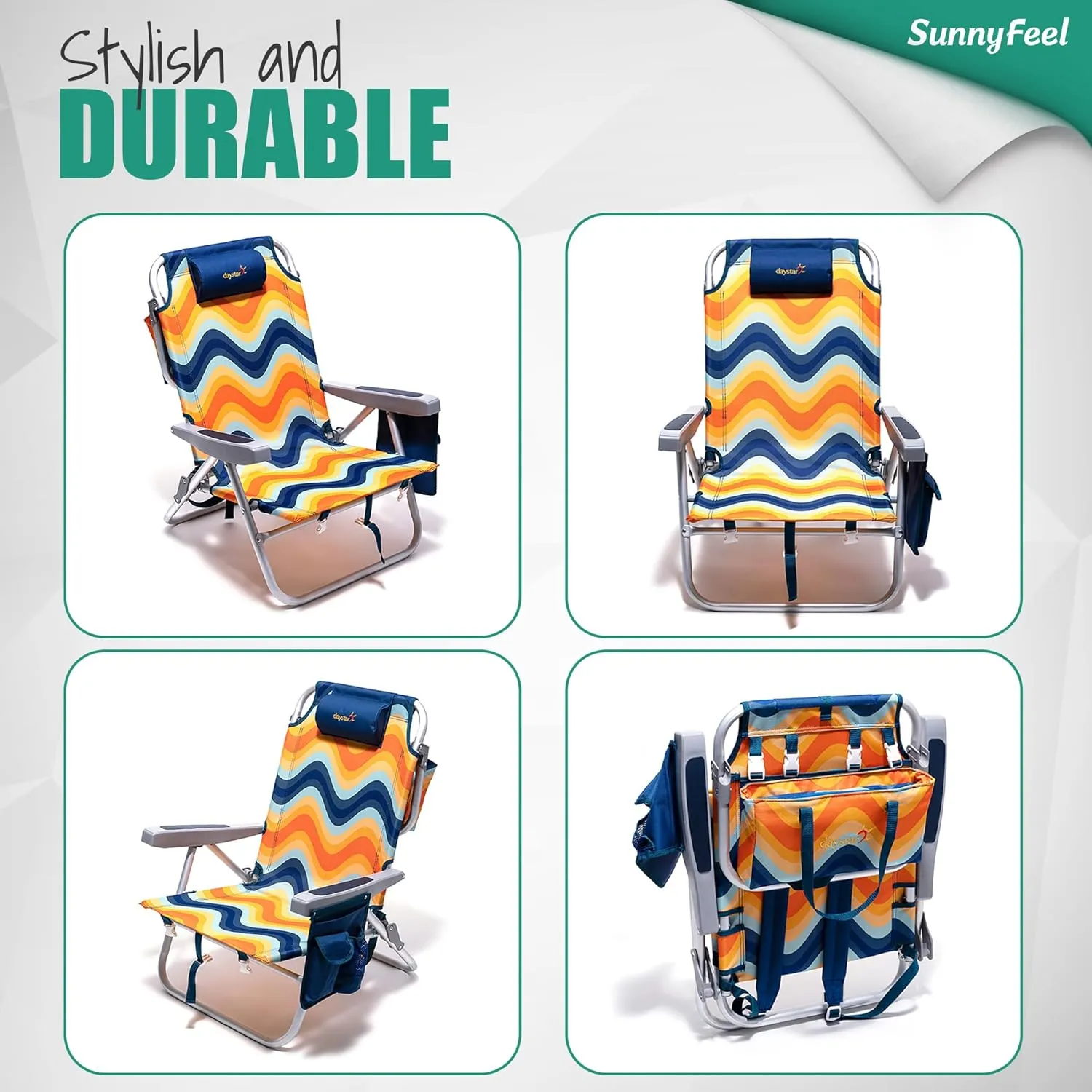 SUNNYFEEL Low Beach Chair 5 Position Lay Flat, Portable Folding Backpack Beach Chairs Heavy Duty with Cooler Bag, Cup Holder for Outdoor/Lawn/Trip/Picnic/Fishing, Foldable Camping Chair