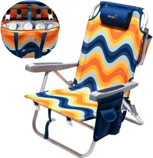 SUNNYFEEL Low Beach Chair 5 Position Lay Flat, Portable Folding Backpack Beach Chairs Heavy Duty with Cooler Bag, Cup Holder for Outdoor/Lawn/Trip/Picnic/Fishing, Foldable Camping Chair