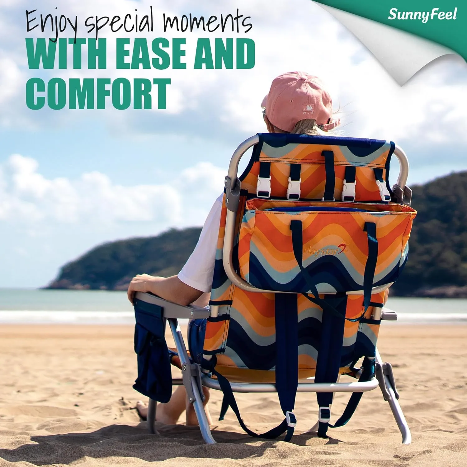 SUNNYFEEL Low Beach Chair 5 Position Lay Flat, Portable Folding Backpack Beach Chairs Heavy Duty with Cooler Bag, Cup Holder for Outdoor/Lawn/Trip/Picnic/Fishing, Foldable Camping Chair