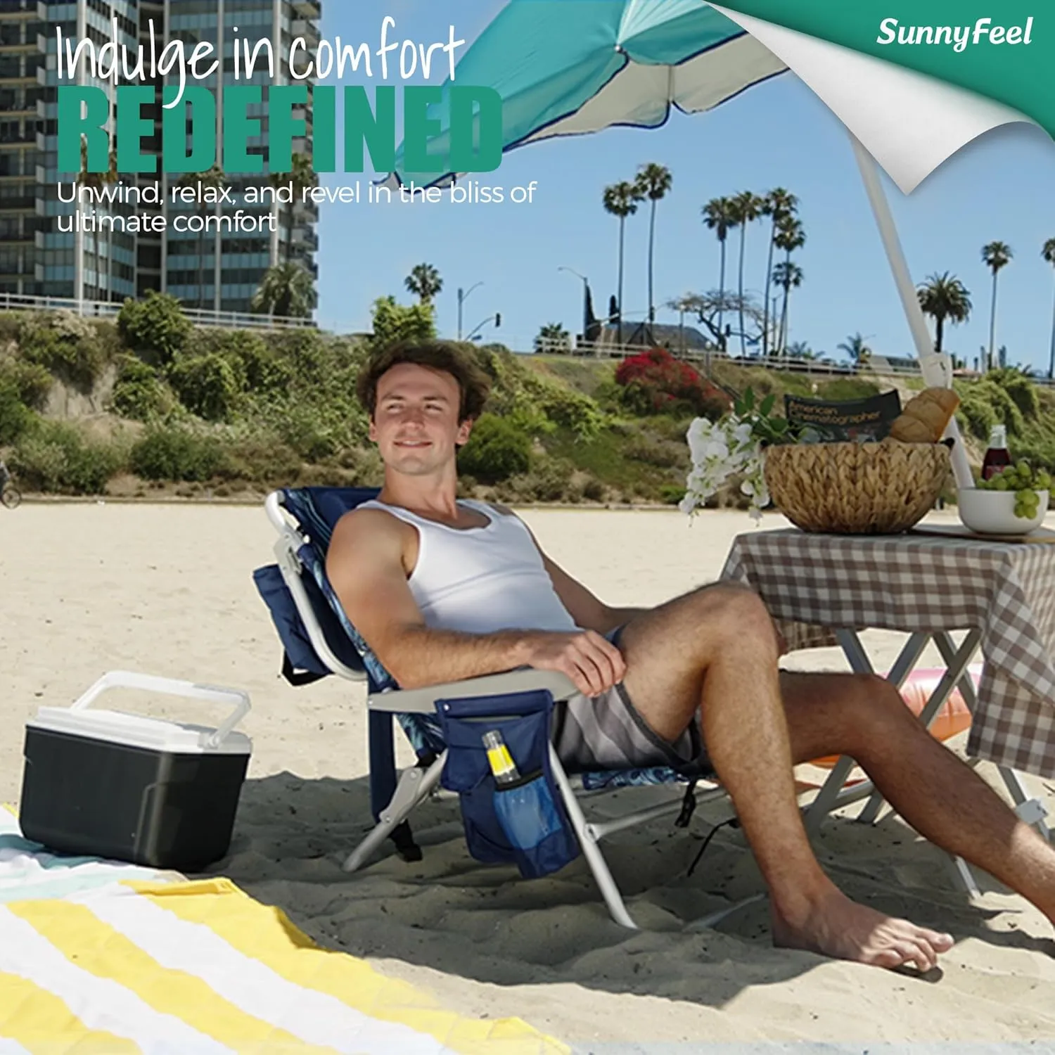 SUNNYFEEL Low Beach Chairs for Adults 5 Position Lay Flat, Portable Folding Backpack Beach Chair Heavy Duty with Cooler Bag, Cup Holder for Outdoor/Lawn/Picnic/Sand, Foldable Camping Chair