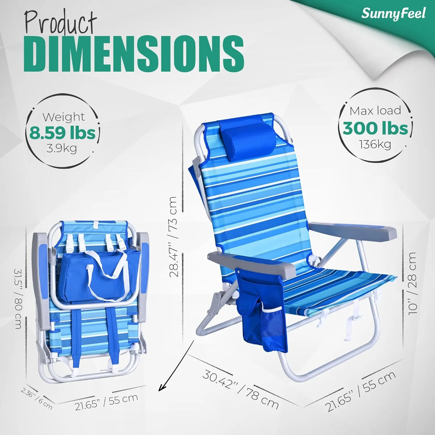 SUNNYFEEL Low Beach Chairs for Adults 5 Position Lay Flat, Portable Folding Backpack Beach Chair Heavy Duty with Cooler Bag, Cup Holder for Outdoor/Lawn/Picnic/Sand, Foldable Camping Chair