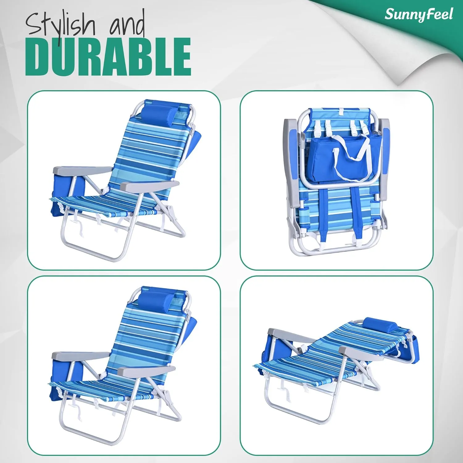 SUNNYFEEL Low Beach Chairs for Adults 5 Position Lay Flat, Portable Folding Backpack Beach Chair Heavy Duty with Cooler Bag, Cup Holder for Outdoor/Lawn/Picnic/Sand, Foldable Camping Chair