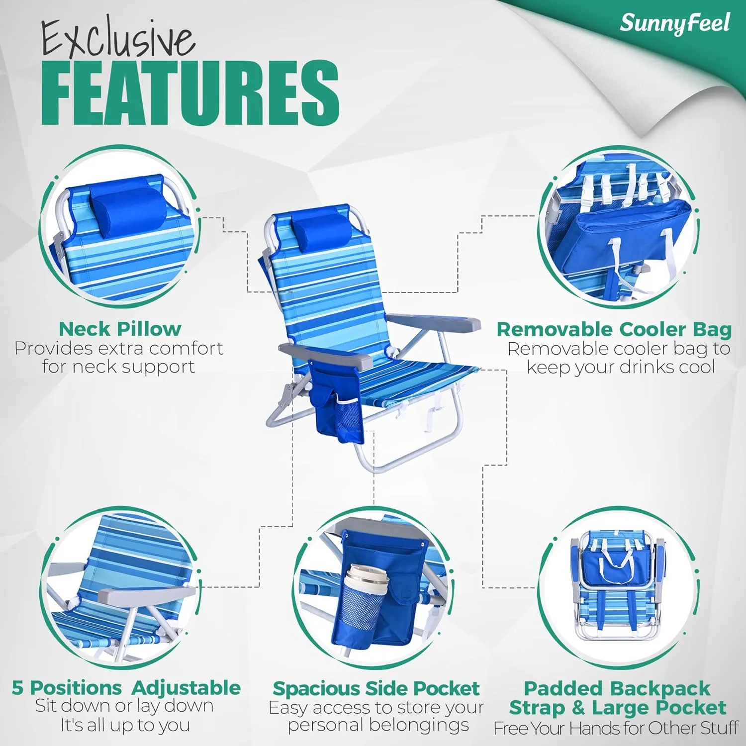SUNNYFEEL Low Beach Chairs for Adults 5 Position Lay Flat, Portable Folding Backpack Beach Chair Heavy Duty with Cooler Bag, Cup Holder for Outdoor/Lawn/Picnic/Sand, Foldable Camping Chair