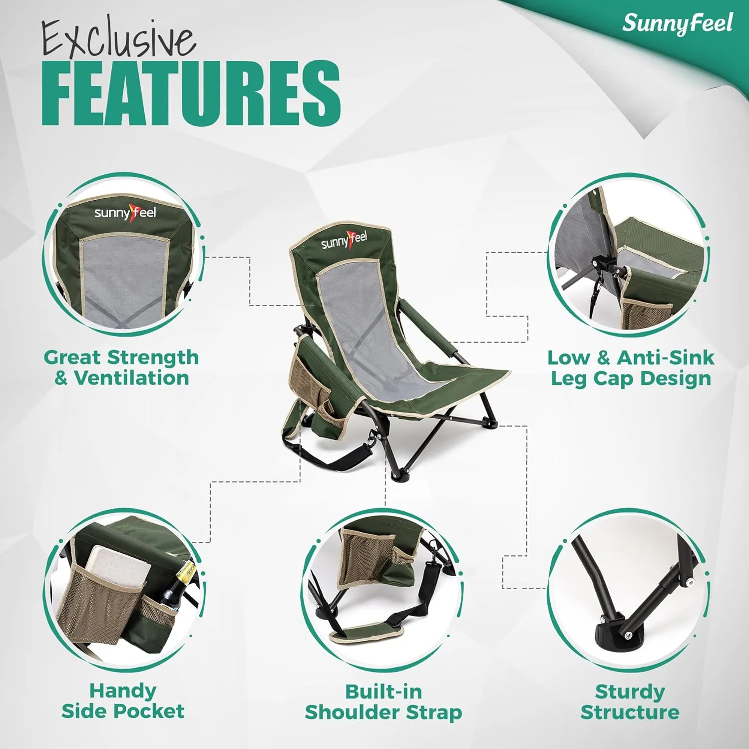 SUNNYFEEL Low Folding Beach Chair for Adults, Portable Lightweight Sling Beach Camping Chairs with Cup Holder, Armrest,Foldable Camp Lawn Chair for Outdoor Sand Concert Travel Sport Events,300LBS